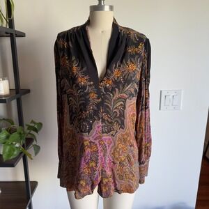 Kobi Halperin Robin Silk Printed Long Sleeve Blouse-Paisley Print-100% Silk-Sz L